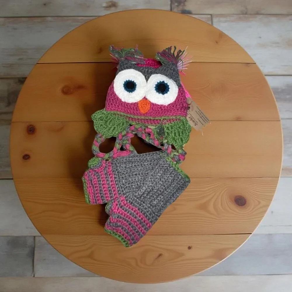 Little Kid Hand Crochet Owl Hat & Fingerless Mittens